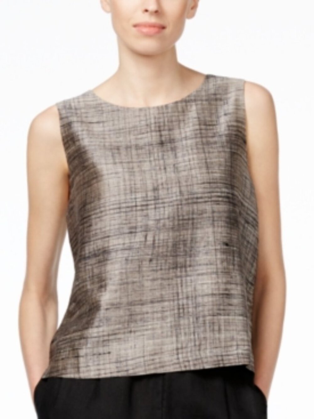 NWT Eileen Fisher Pewter Hand-Pain Cotton/Silk Streak Round Neck Shell